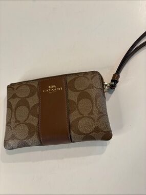 Coach Brown Signature Canvas Wristlet with Leather Center Stripe